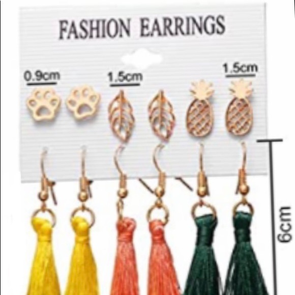 6 Pair Set of Fashion Earrings:pineapples, paw prints, palm leaf studs & tassels - Picture 5 of 7